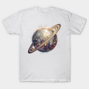 Retro Saturn Disco Ball Tee - Saturn Disco Ball T-Shirt: Cosmic Glam T-Shirt